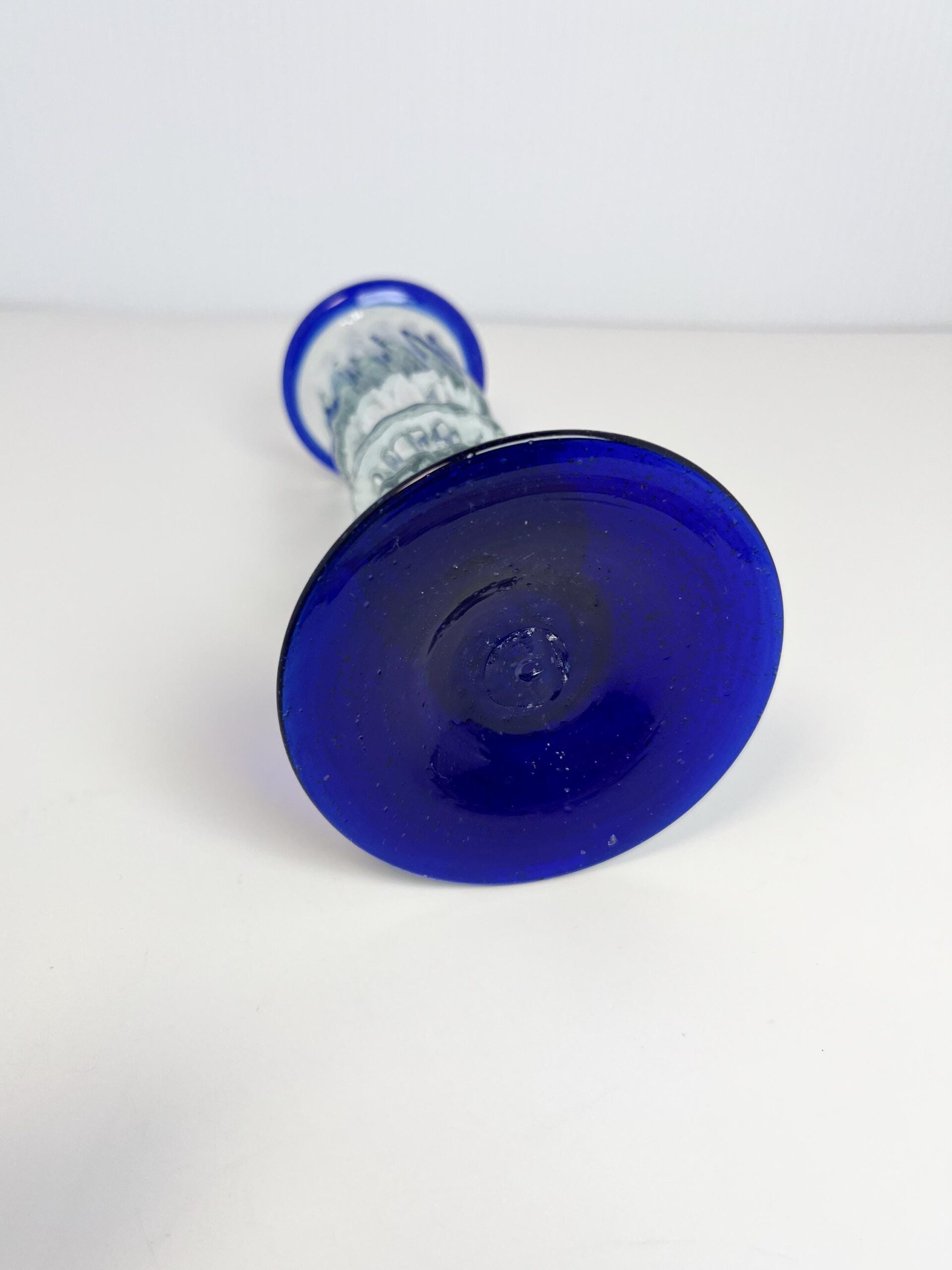 Vintage Mexican hand blown blue tall candle holder / bud vase