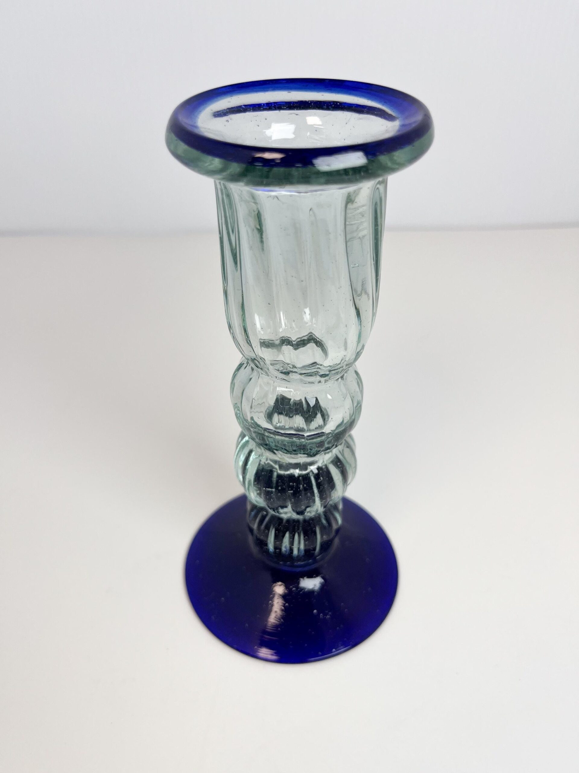 Vintage Mexican hand blown blue tall candle holder / bud vase