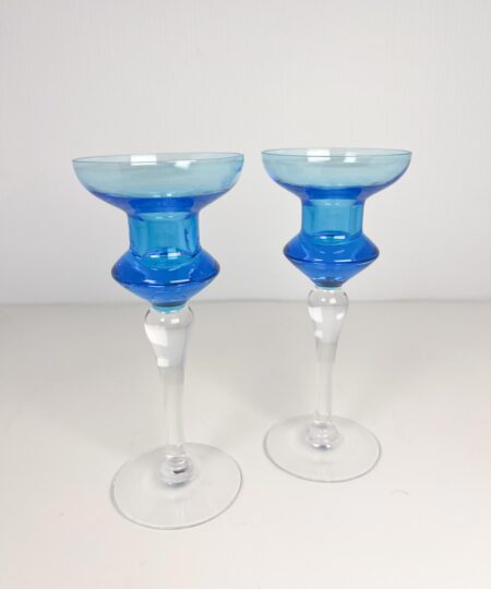 Set of blue and clear crystal tapered candle holders