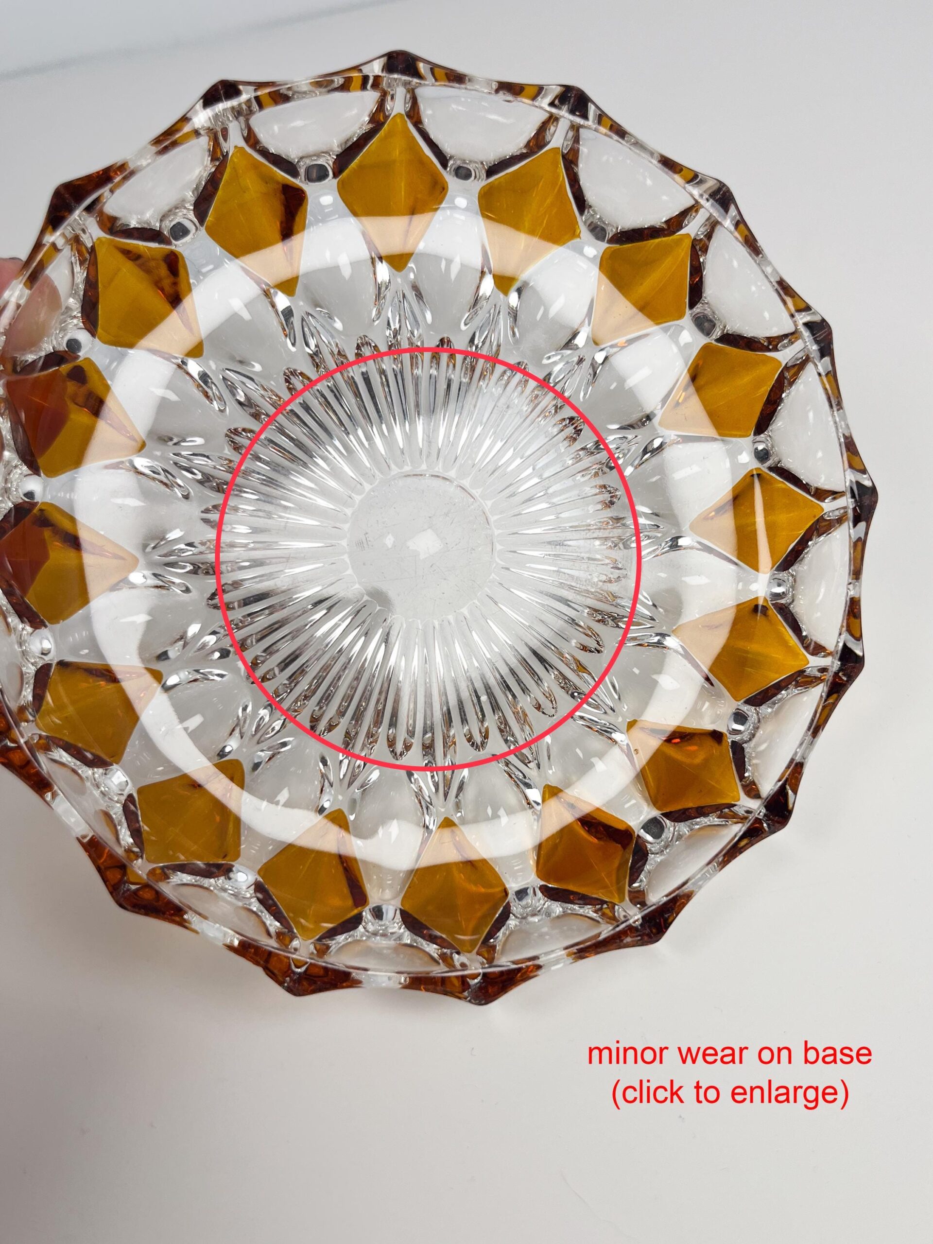 Vintage faceted crystal ashtray with amber coloured diamond motif