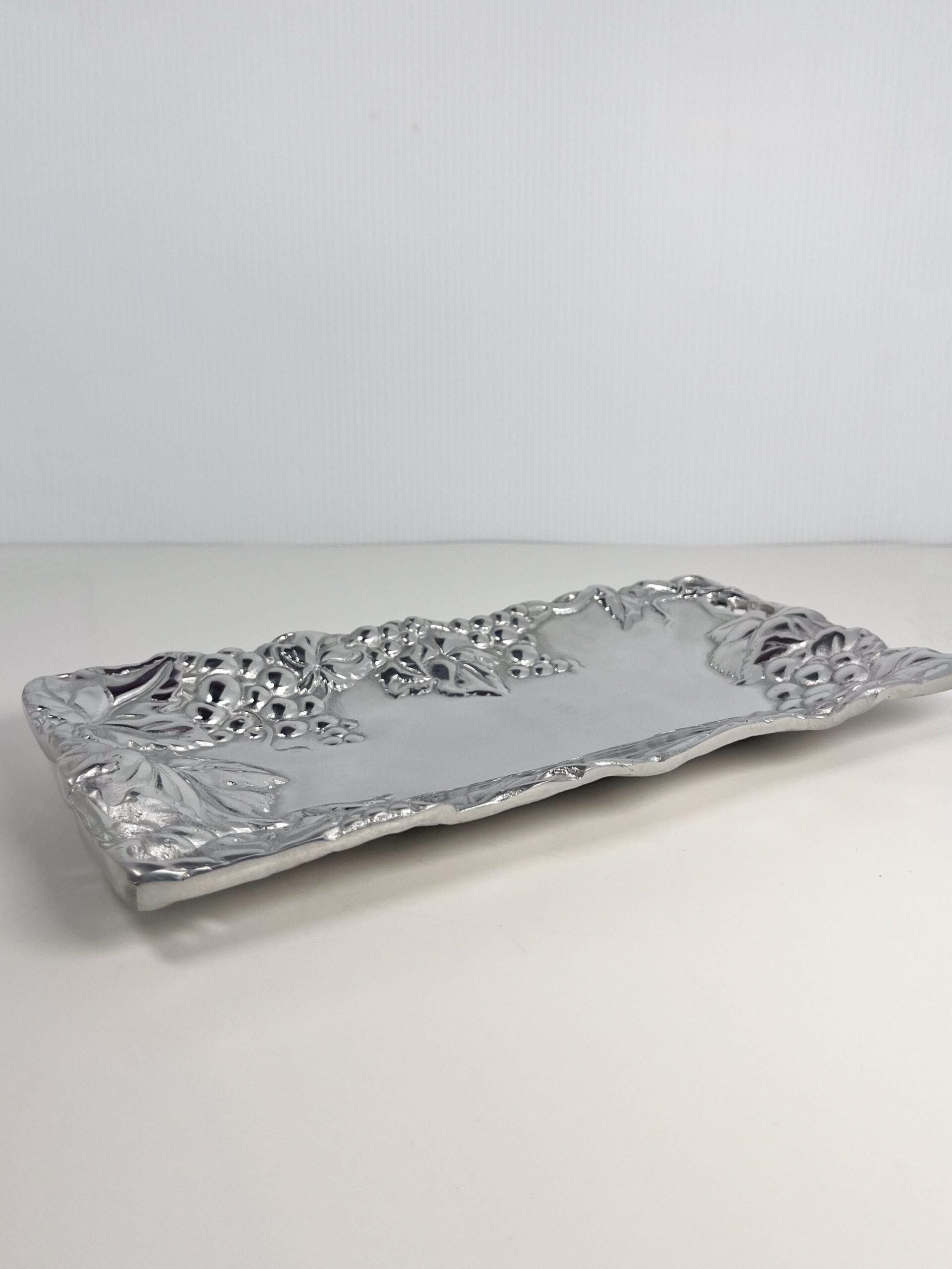 Vintage pewter serving platter with grapes motif - made in Puerta Vallarta, Mexico