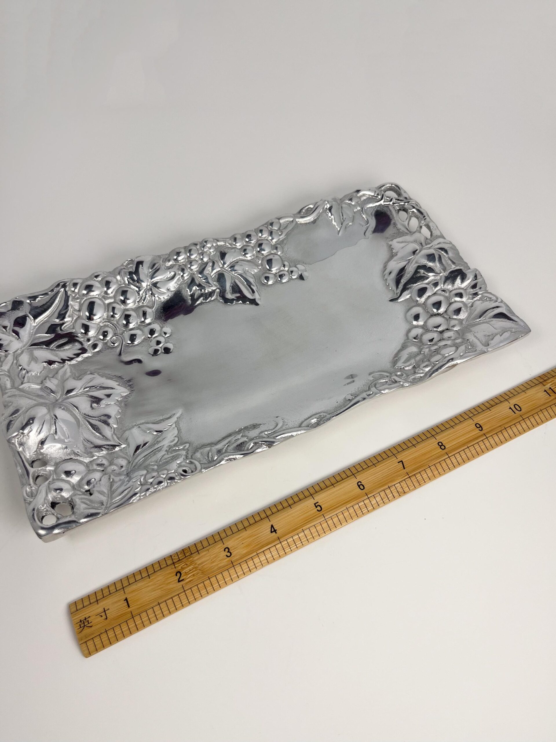 Vintage pewter serving platter with grapes motif - made in Puerta Vallarta, Mexico