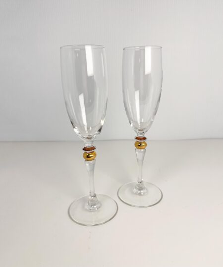 Set of 2 vintage crystal champagne flutes by Luminarc with gold decor on stem