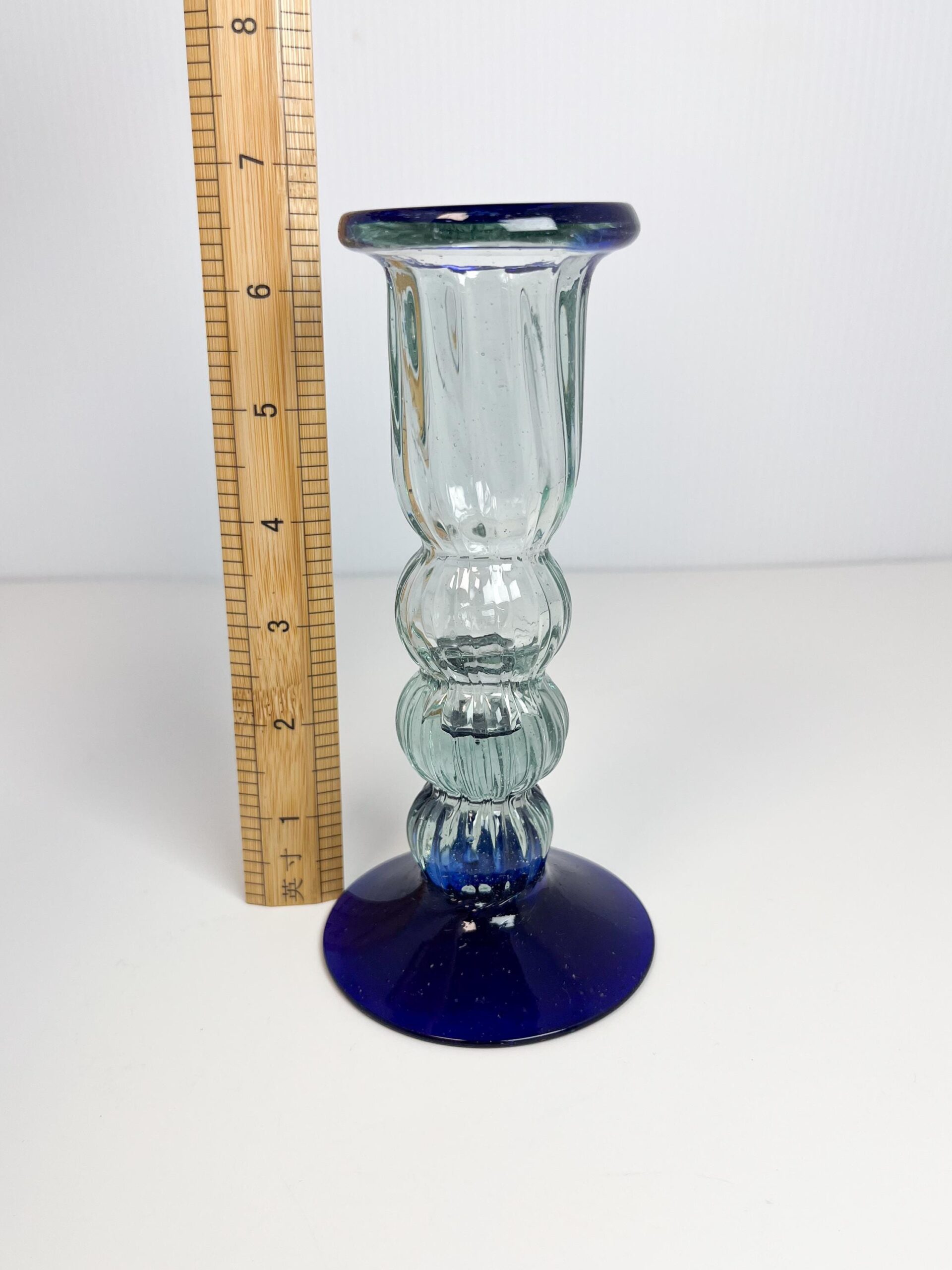 Vintage Mexican hand blown blue tall candle holder / bud vase