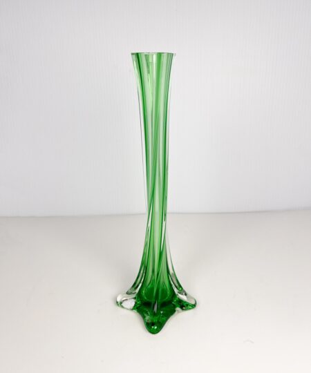 Vintage MCM emerald green art glass bud vase - twisted glass, footed