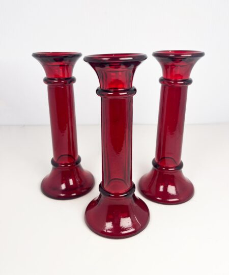 7" Indiana Glass ruby red vintage tapered candle holders / bud vase  - set of 3