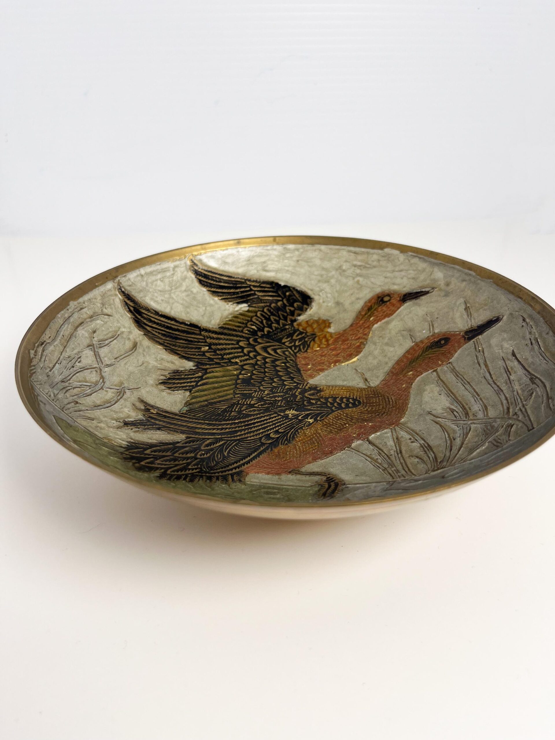 Vintage brass decorative bowl with enamel duck motif