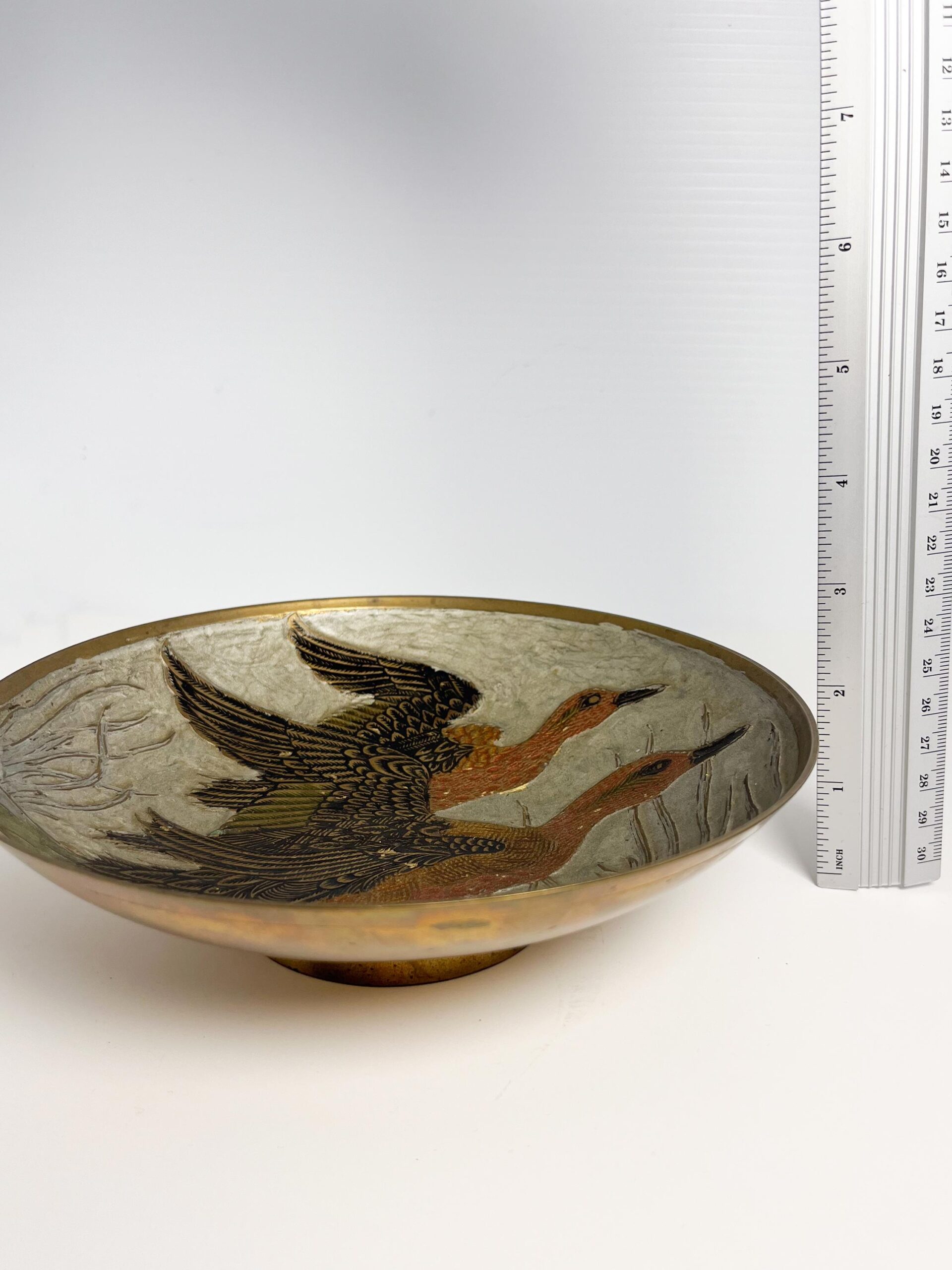 Vintage brass decorative bowl with enamel duck motif