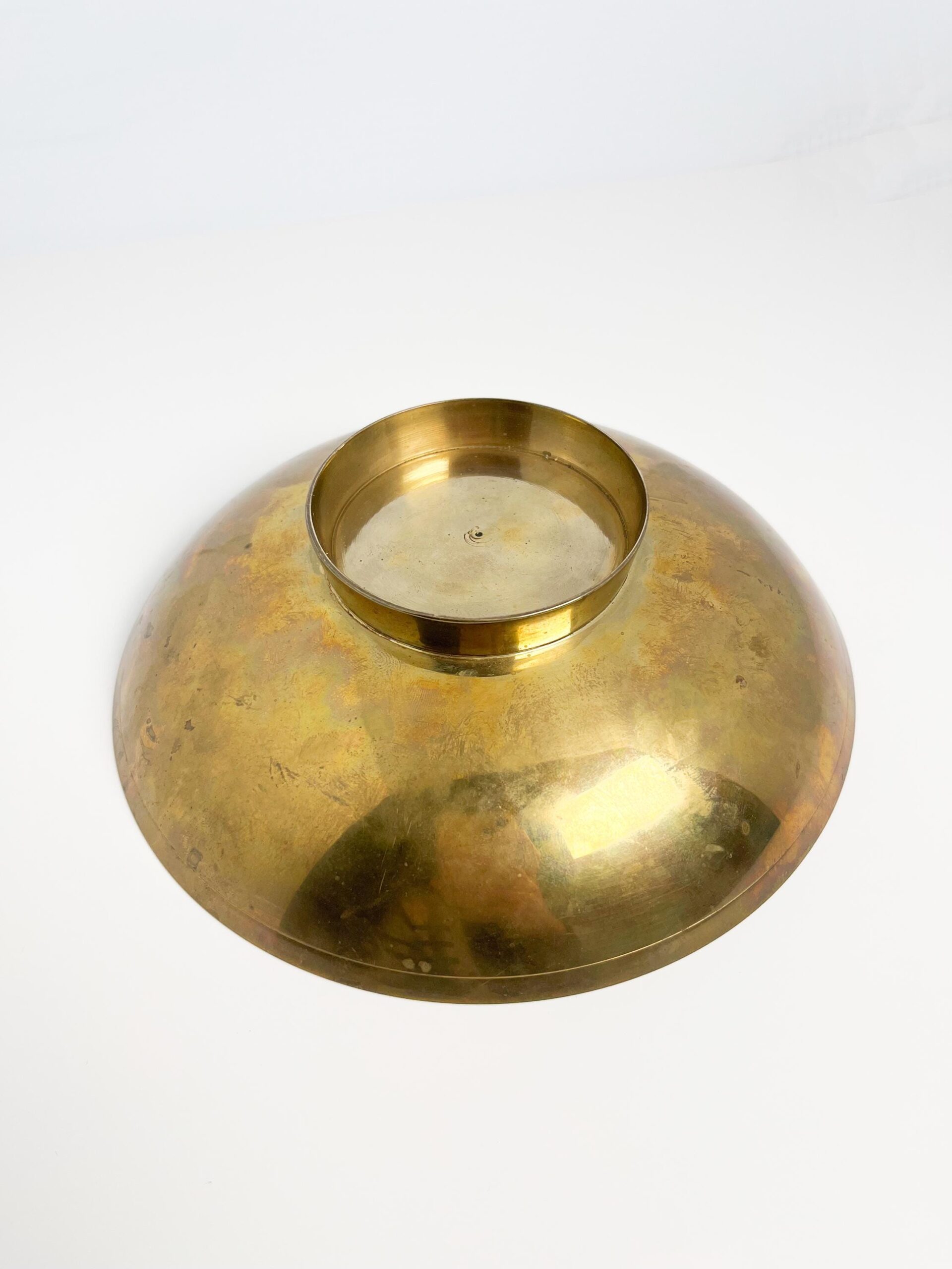 Vintage brass decorative bowl with enamel duck motif
