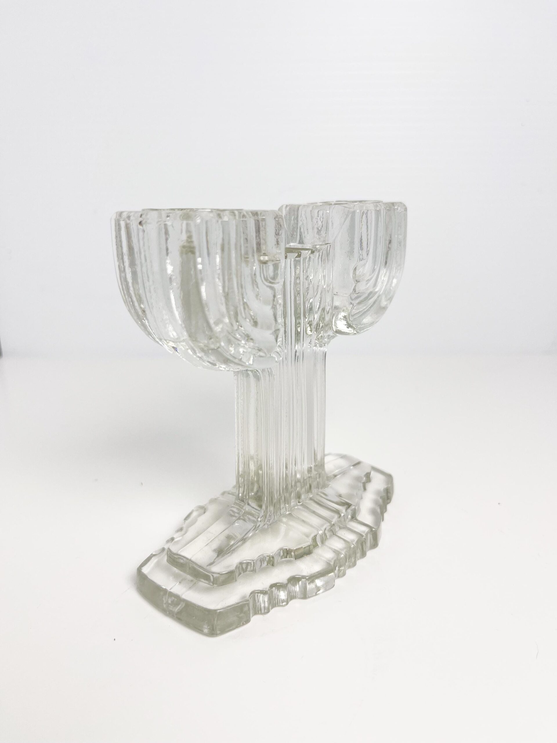 Vintage Anchor Hocking glass Queen Mary double candlestick - art deco cactus design candle holder