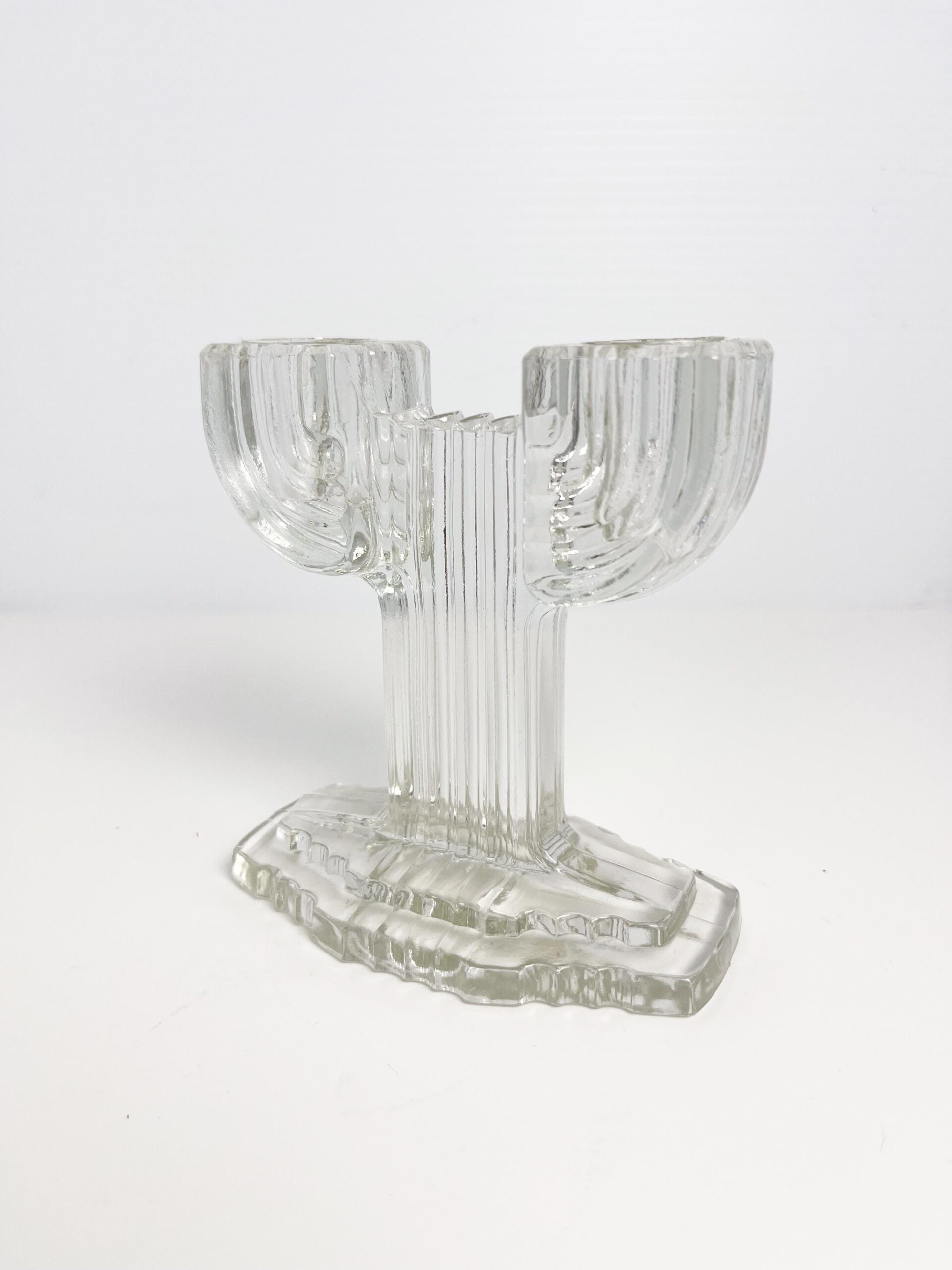 Vintage Anchor Hocking glass Queen Mary double candlestick - art deco cactus design candle holder