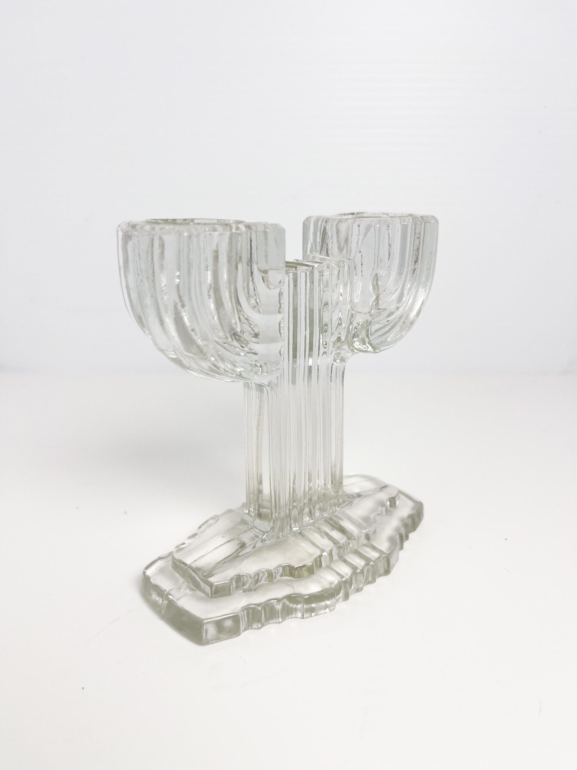 Vintage Anchor Hocking glass Queen Mary double candlestick - art deco cactus design candle holder