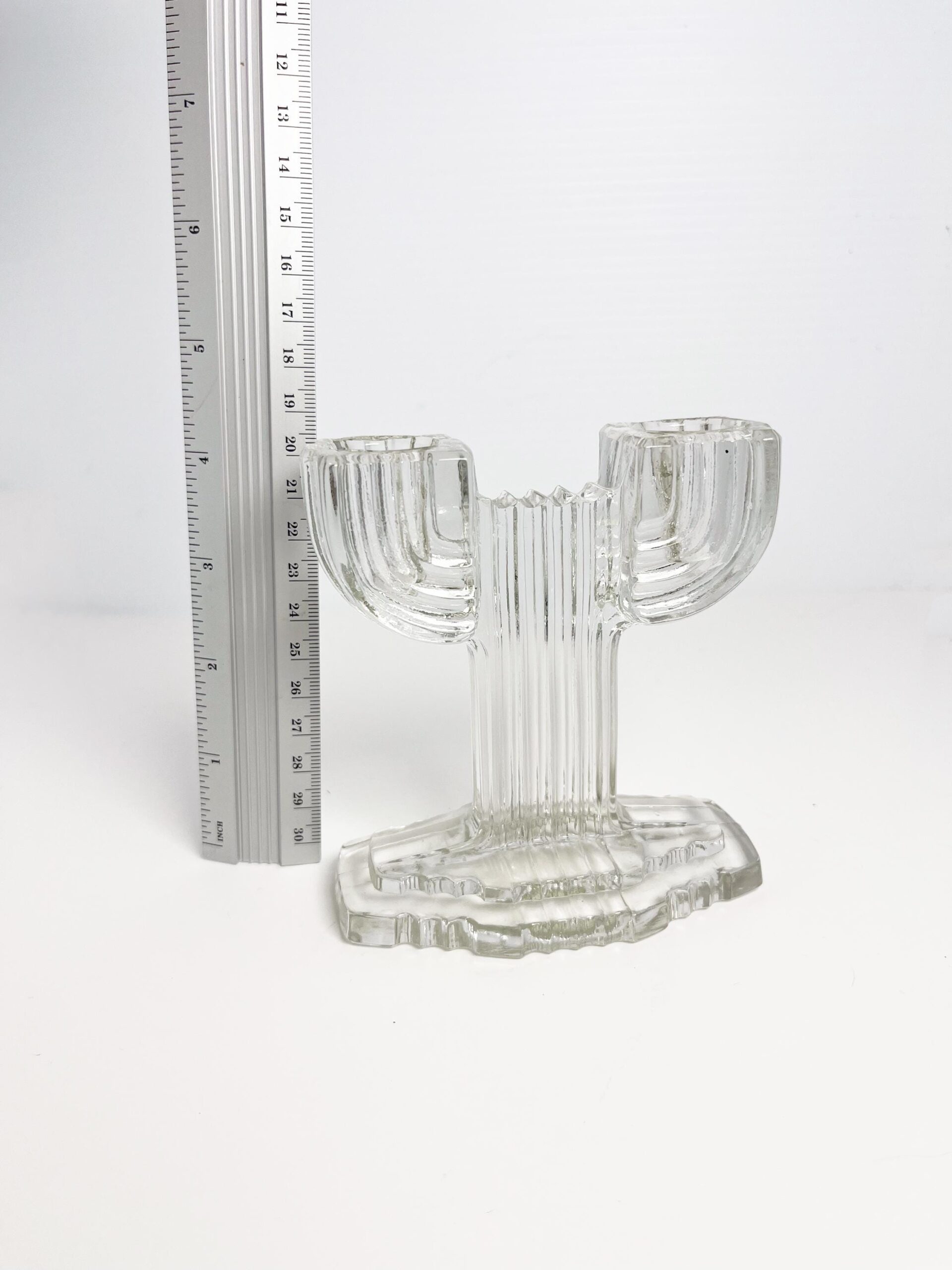 Vintage Anchor Hocking glass Queen Mary double candlestick - art deco cactus design candle holder