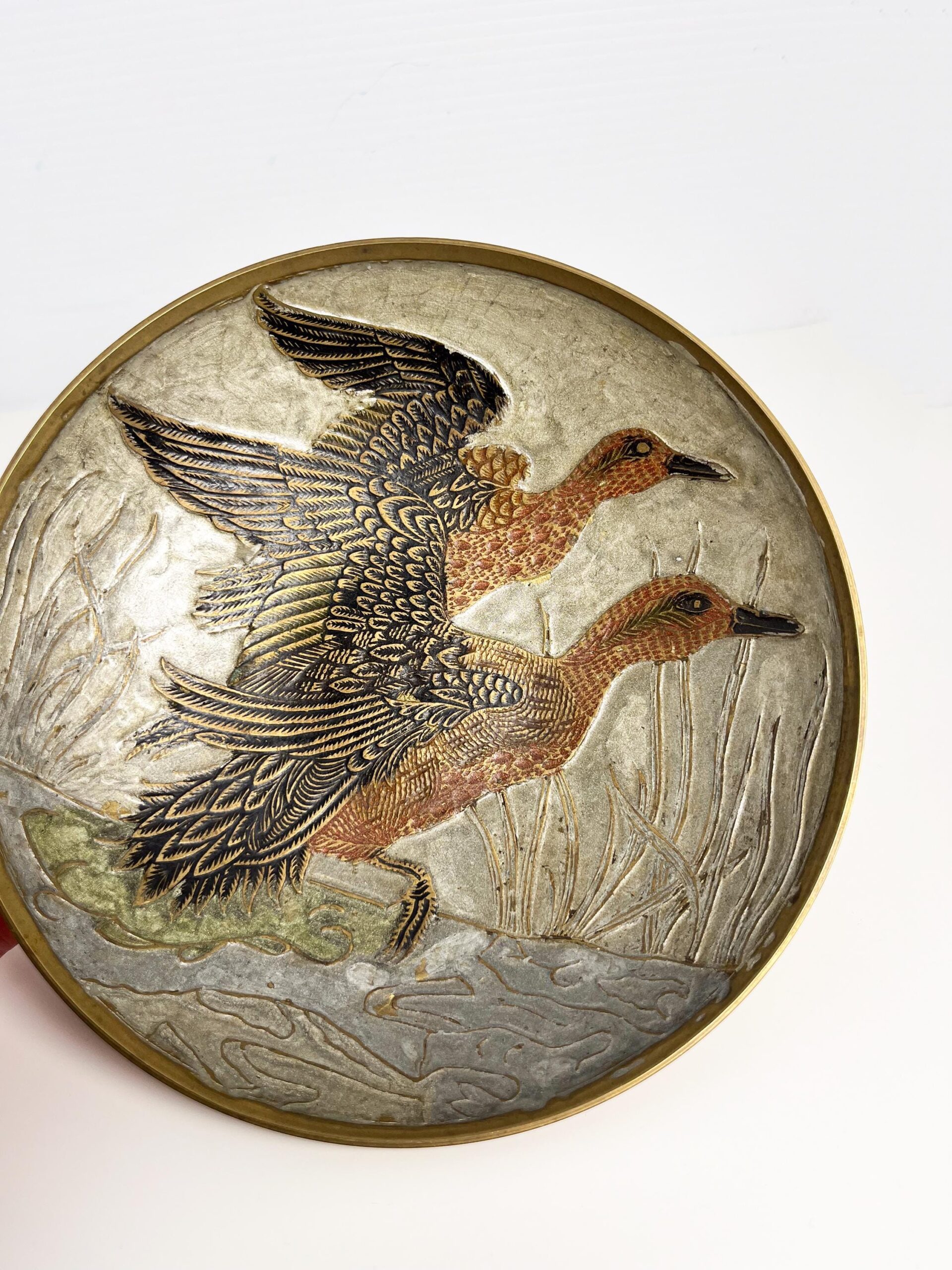 Vintage brass decorative bowl with enamel duck motif