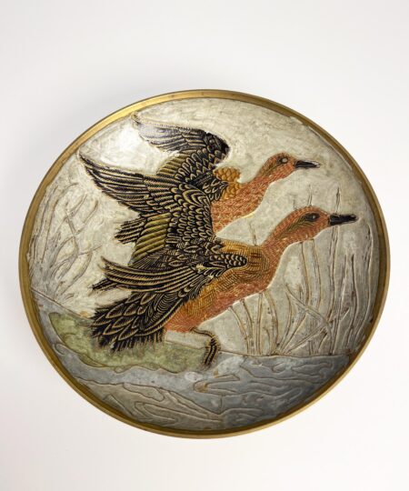 Vintage brass decorative bowl with enamel duck motif