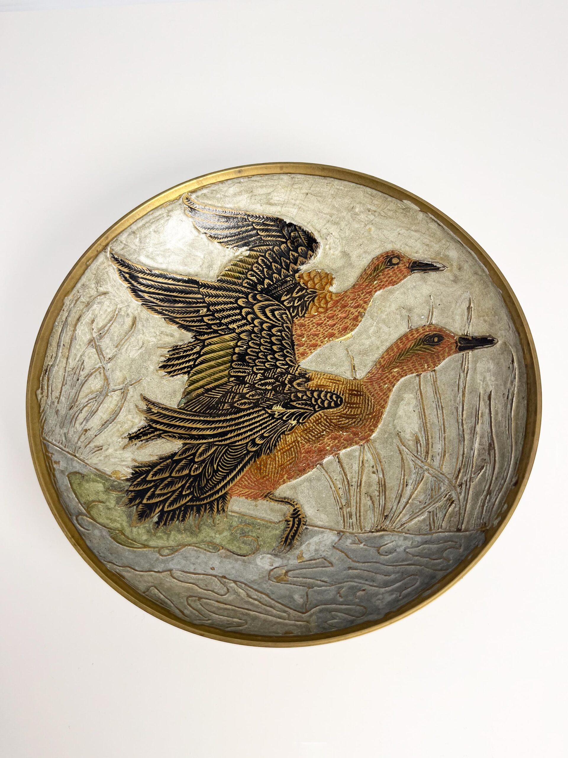 Vintage brass decorative bowl with enamel duck motif