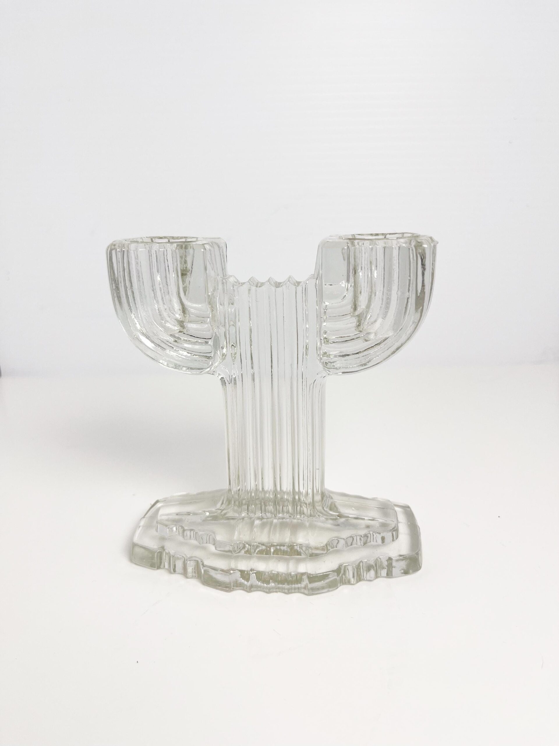 Vintage Anchor Hocking glass Queen Mary double candlestick - art deco cactus design candle holder