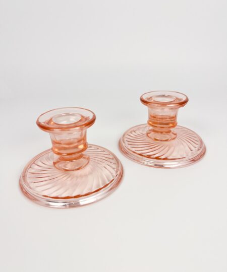 Pink depression glass tapered candle holder set