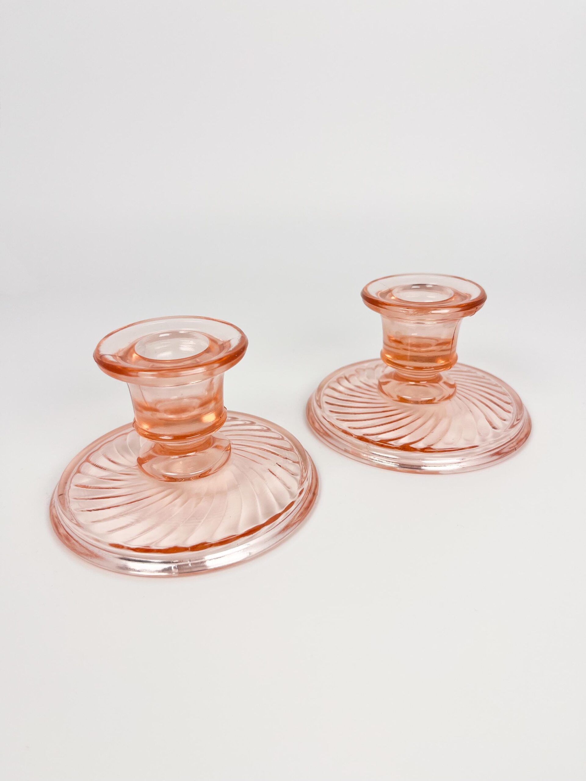 Pink depression glass tapered candle holder set