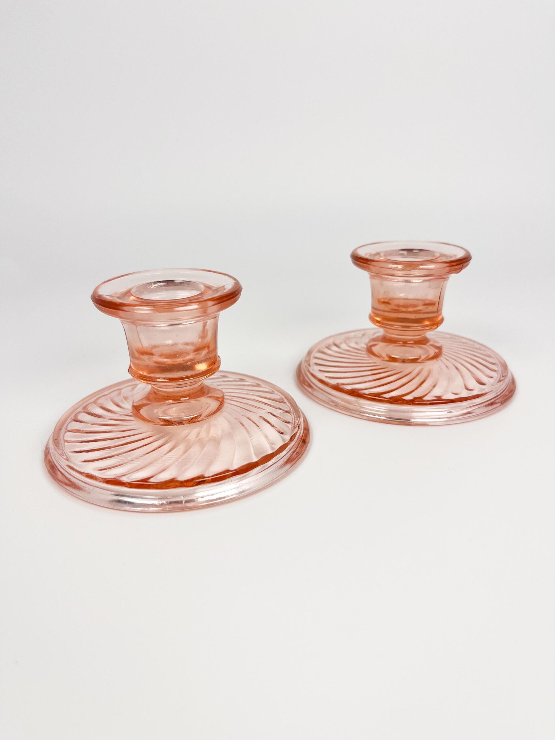 Pink depression glass tapered candle holder set