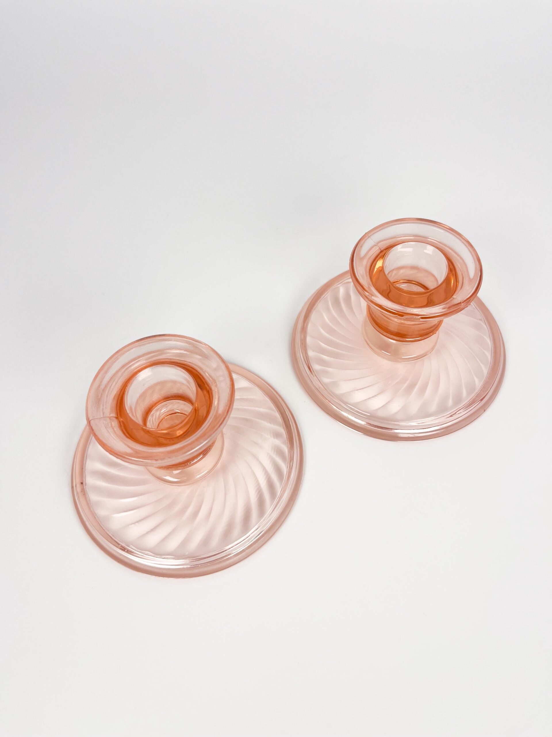 Pink depression glass tapered candle holder set