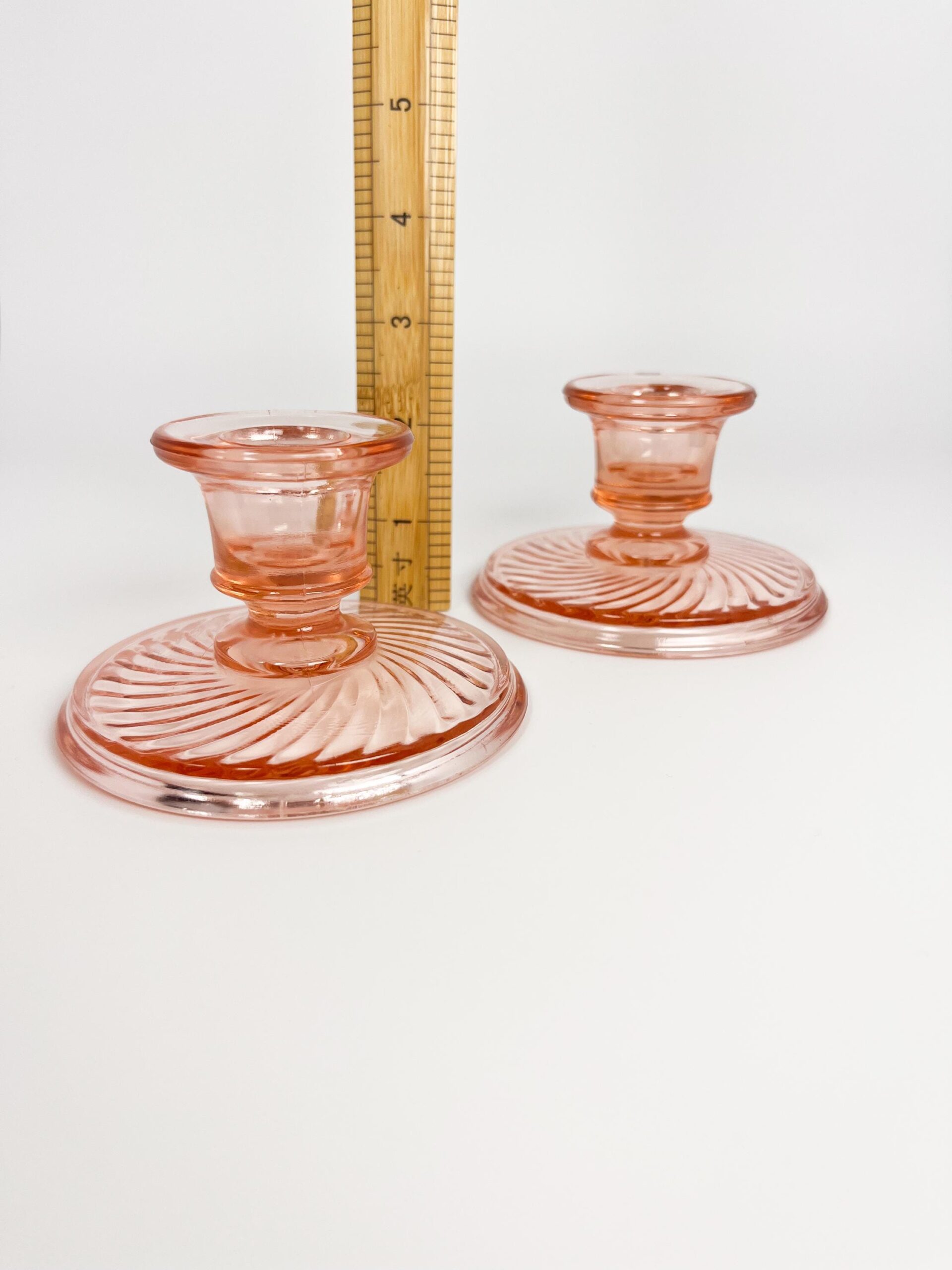 Pink depression glass tapered candle holder set