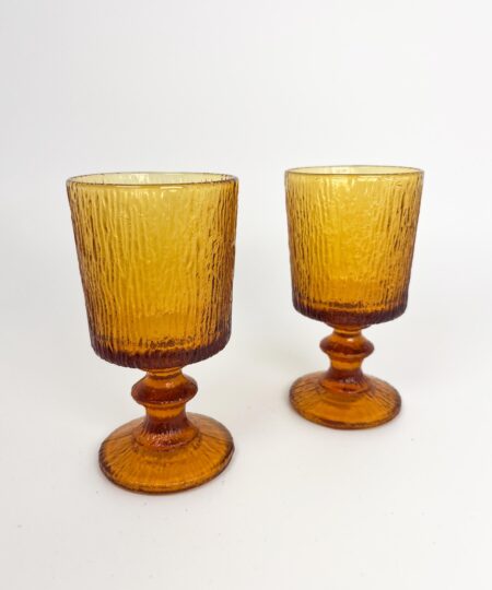Vintage European amber coloured small glass wine goblets - Ravenhead Siesta MCM textured glasses