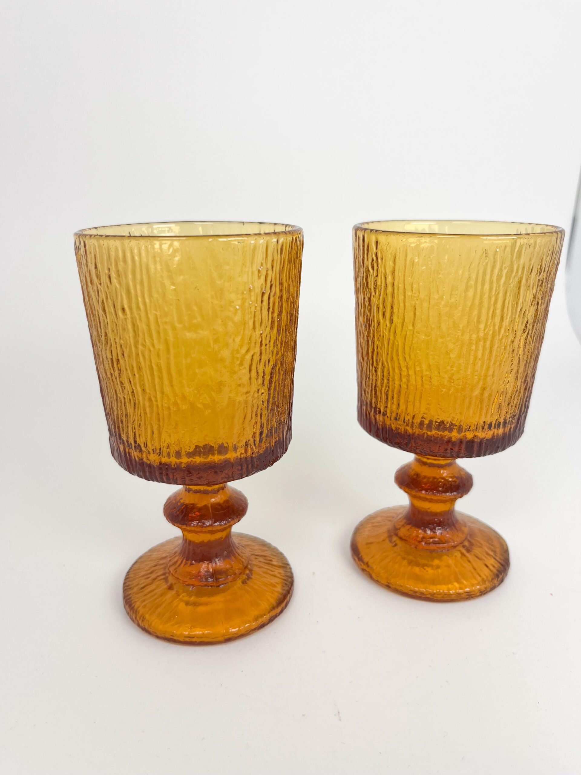 Vintage European amber coloured small glass wine goblets - Ravenhead Siesta MCM textured glasses