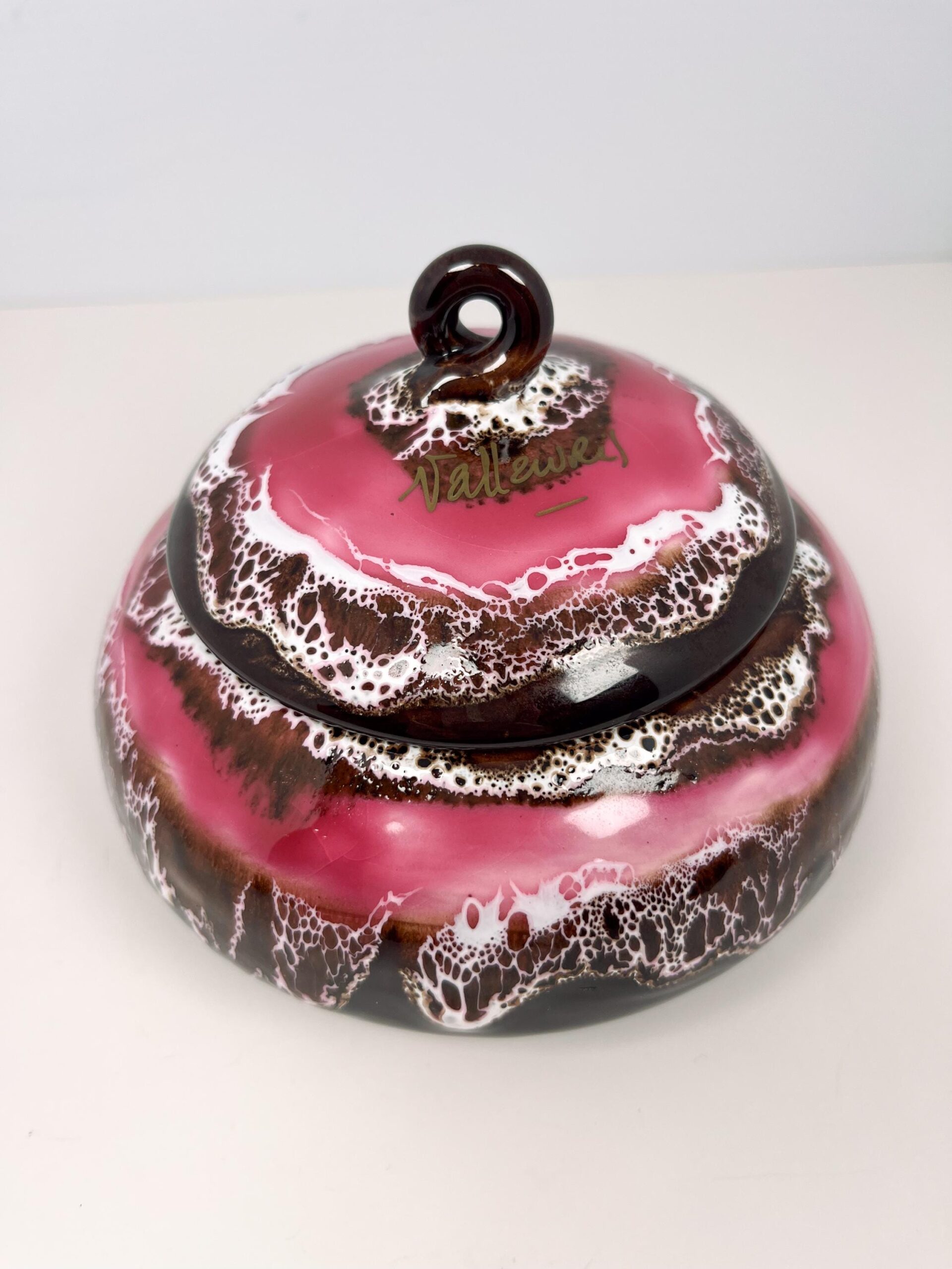 Mid century Vallauris ceramic pottery dish with lid with fat lava glaze technique