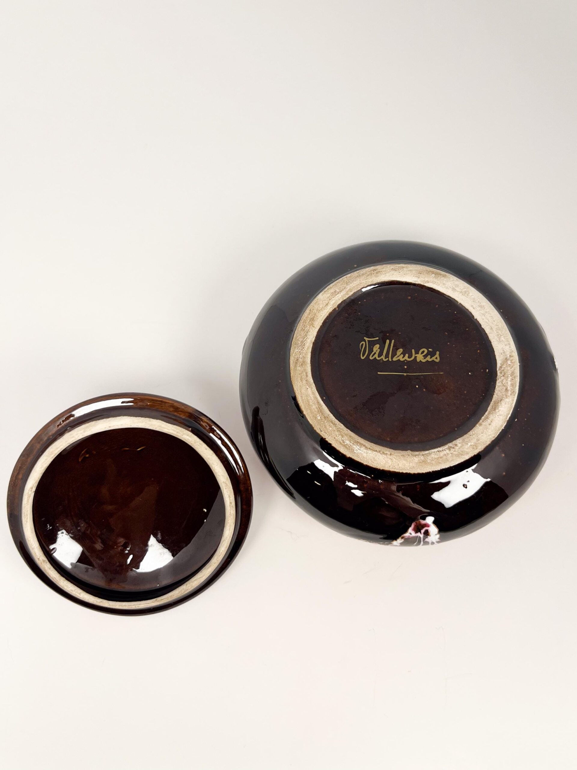 Mid century Vallauris ceramic pottery dish with lid with fat lava glaze technique