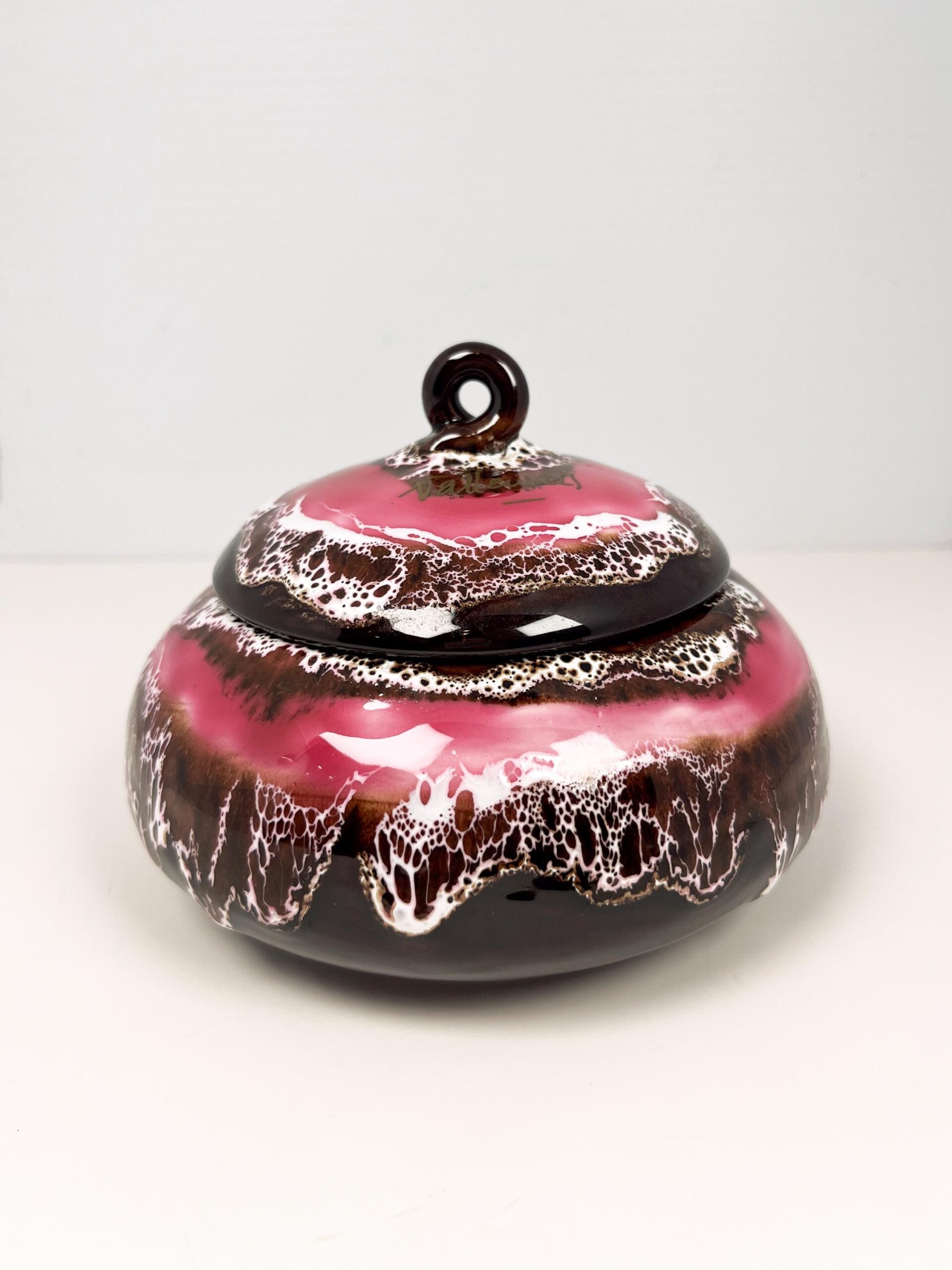 Mid century Vallauris ceramic pottery dish with lid with fat lava glaze technique