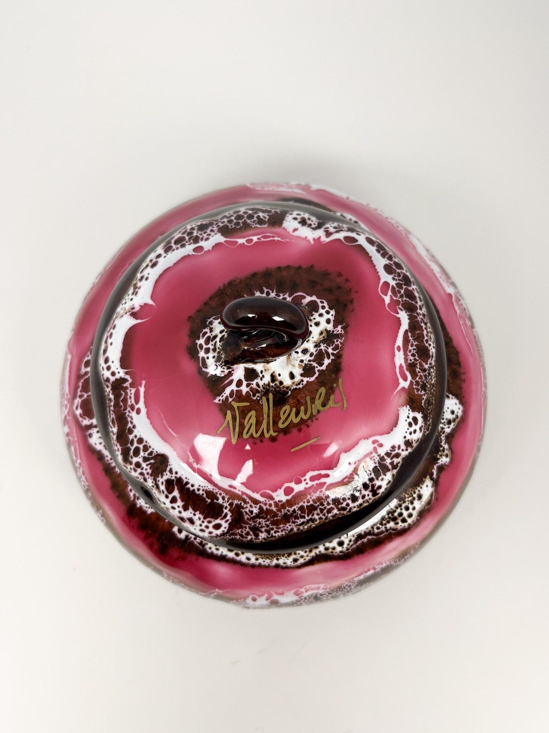 Mid century Vallauris ceramic pottery dish with lid with fat lava glaze technique
