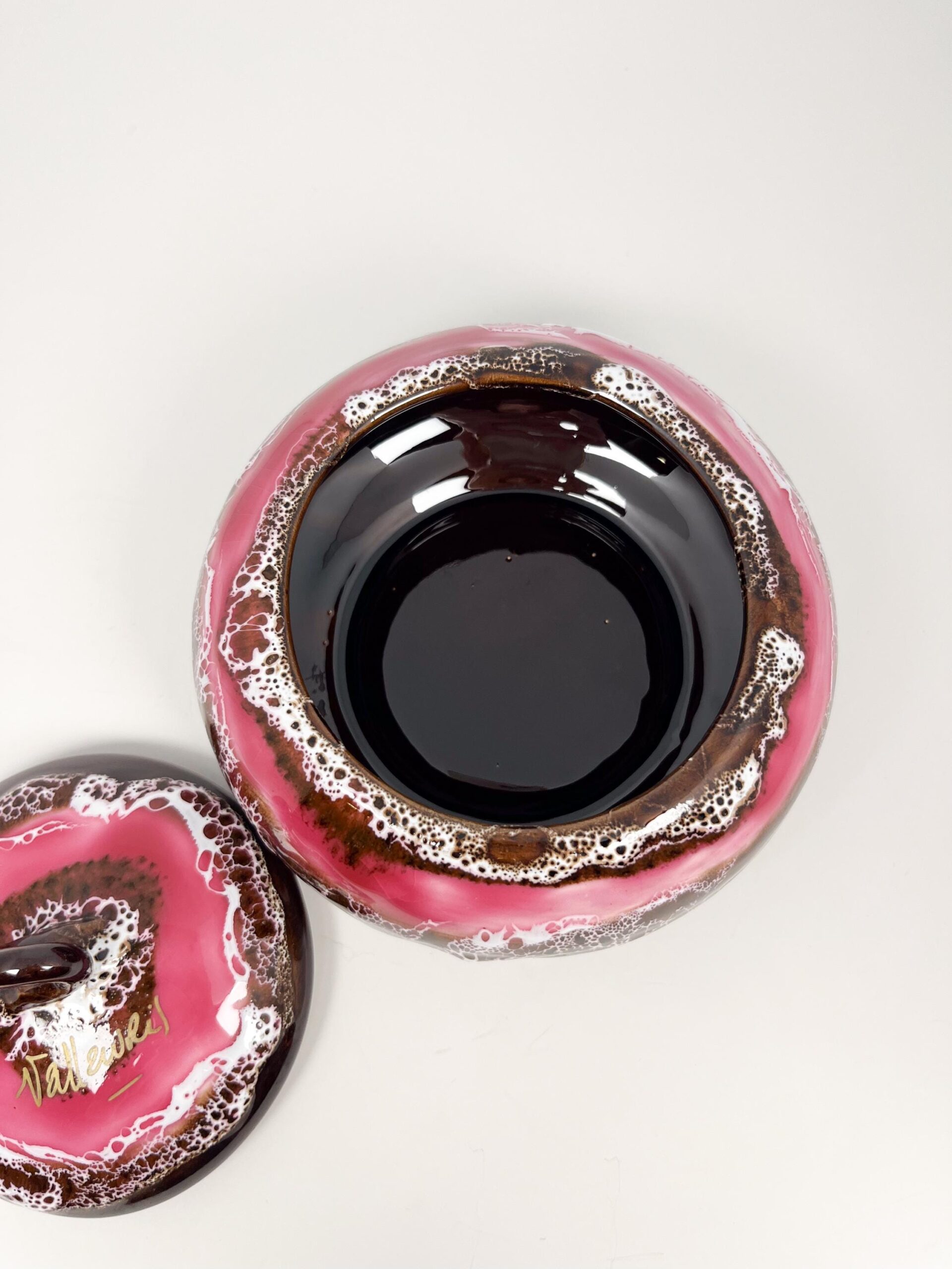 Mid century Vallauris ceramic pottery dish with lid with fat lava glaze technique