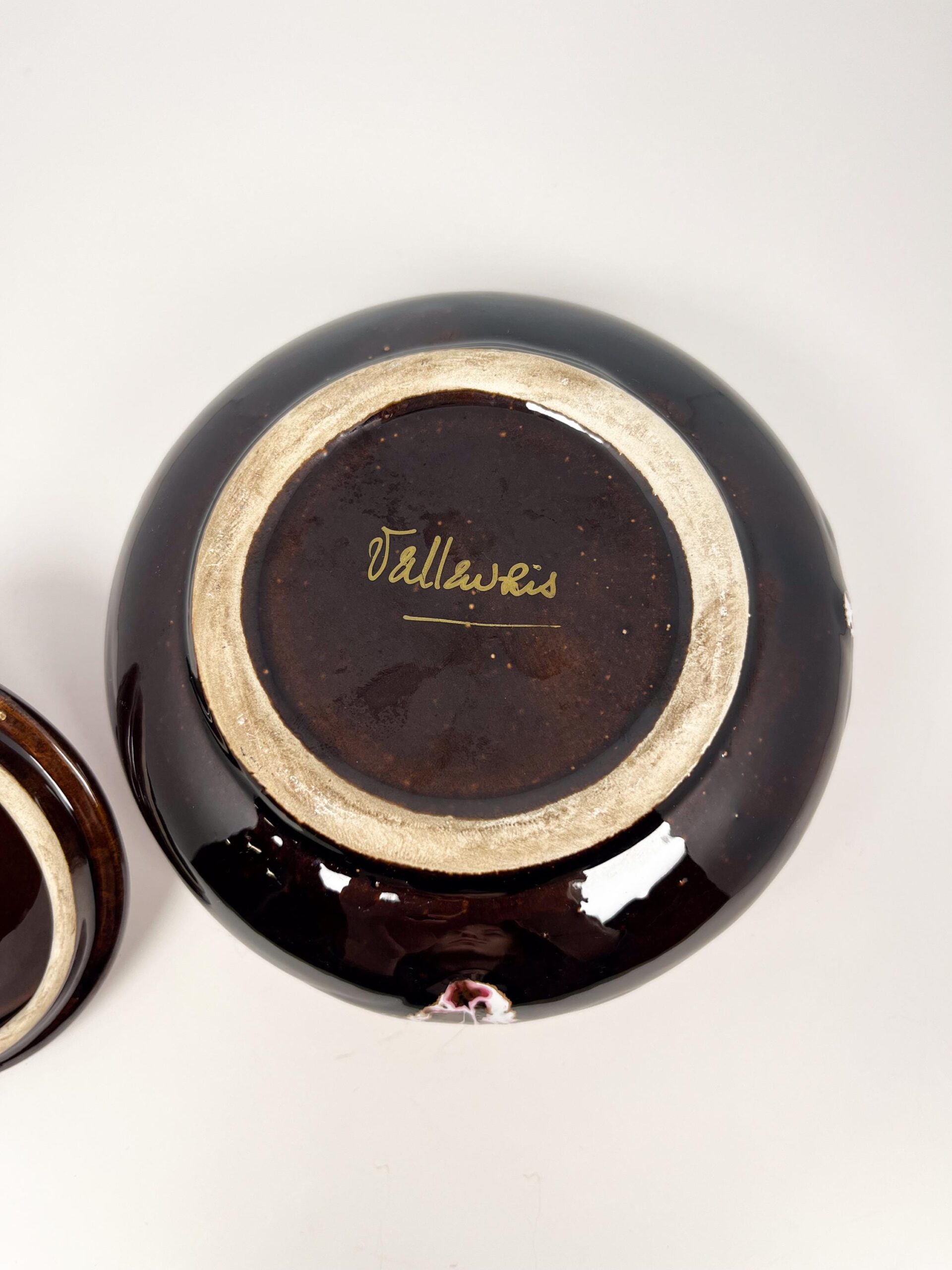 Mid century Vallauris ceramic pottery dish with lid with fat lava glaze technique