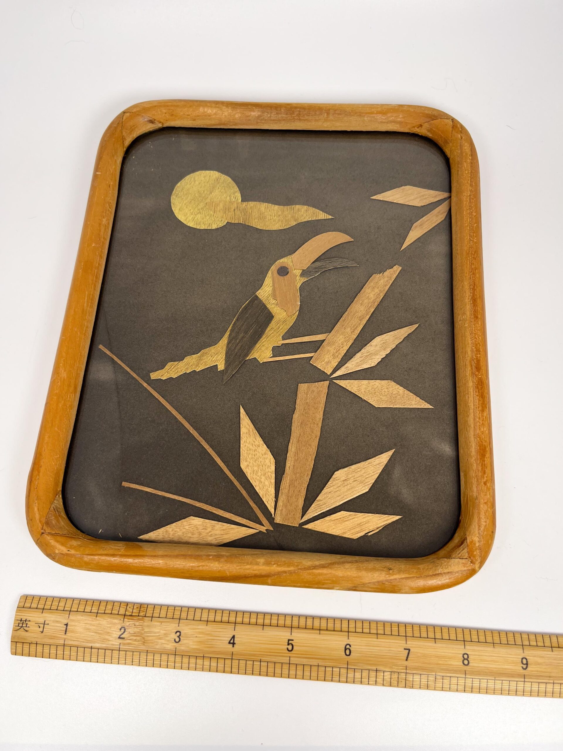 Vintage framed shaved wood art from Mexico - Handcrafted folk art with parrot