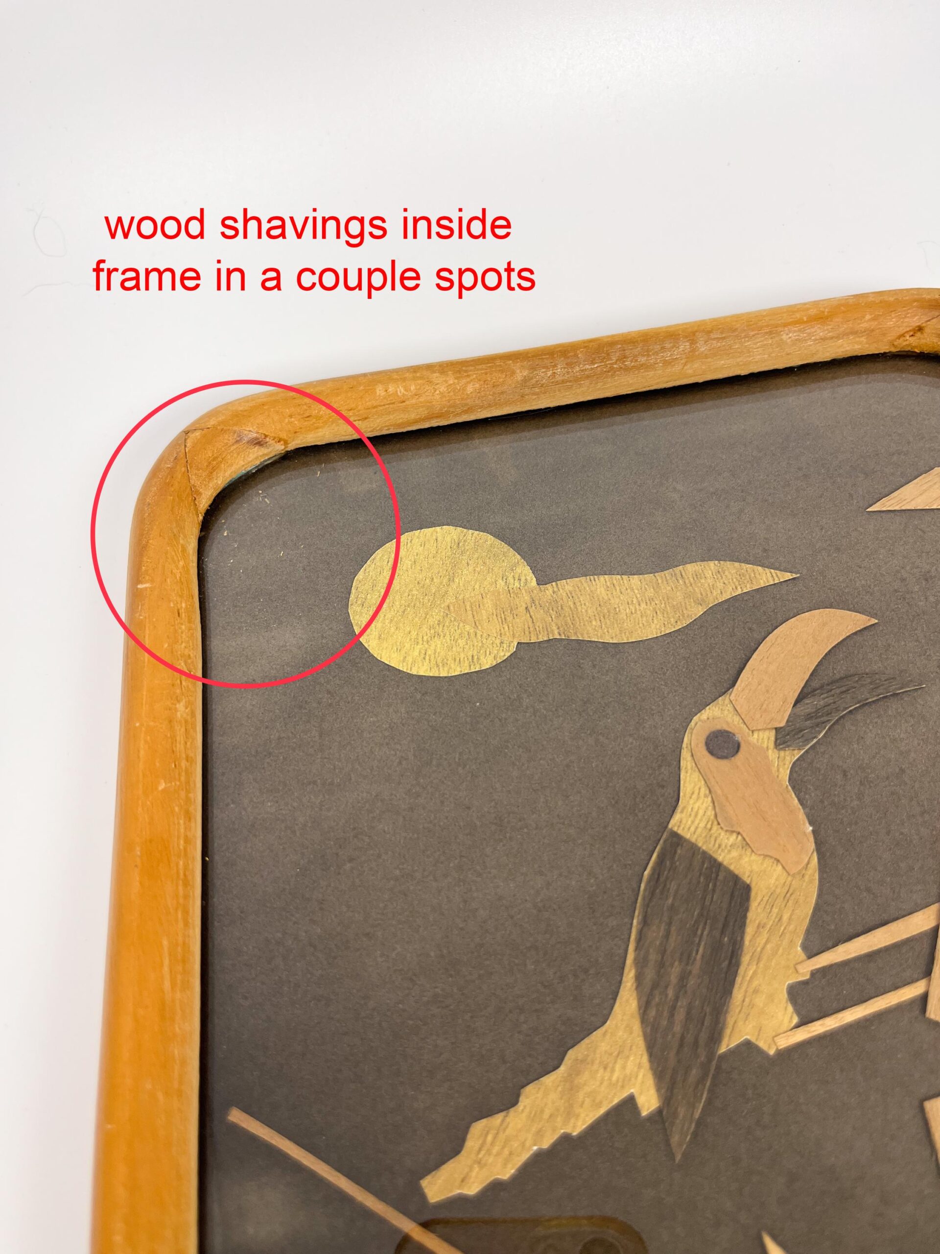 Vintage framed shaved wood art from Mexico - Handcrafted folk art with parrot