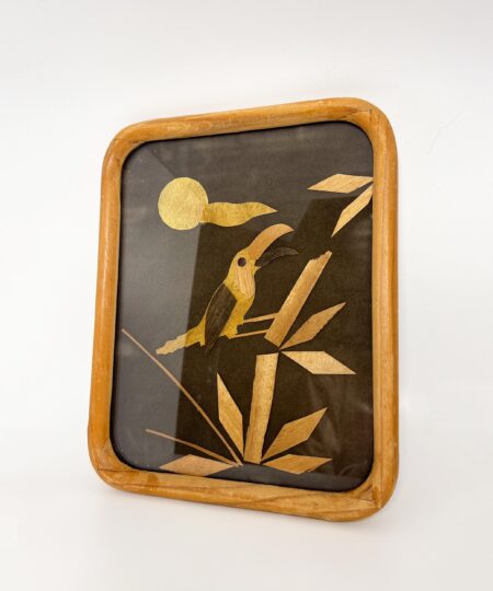 Vintage framed shaved wood art from Mexico - Handcrafted folk art with parrot