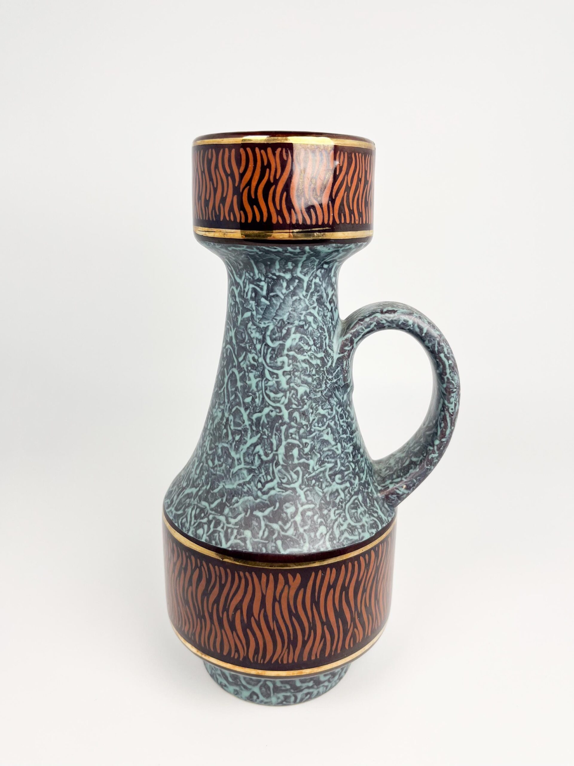 Vintage Jasba Keramic Pitcher – Blue Turquoise Glaze, Gold Trim, West Germany