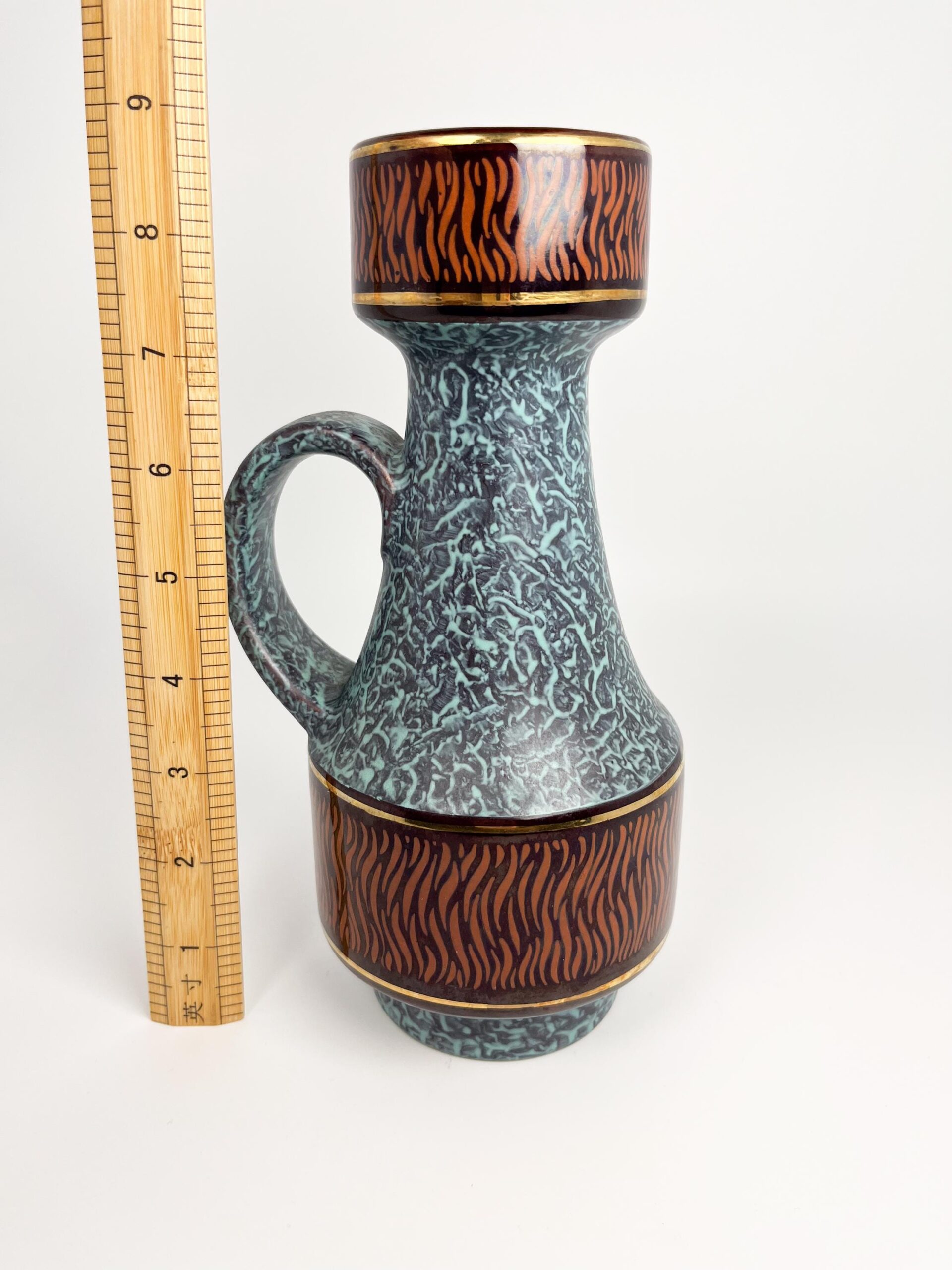 Vintage Jasba Keramic Pitcher – Blue Turquoise Glaze, Gold Trim, West Germany