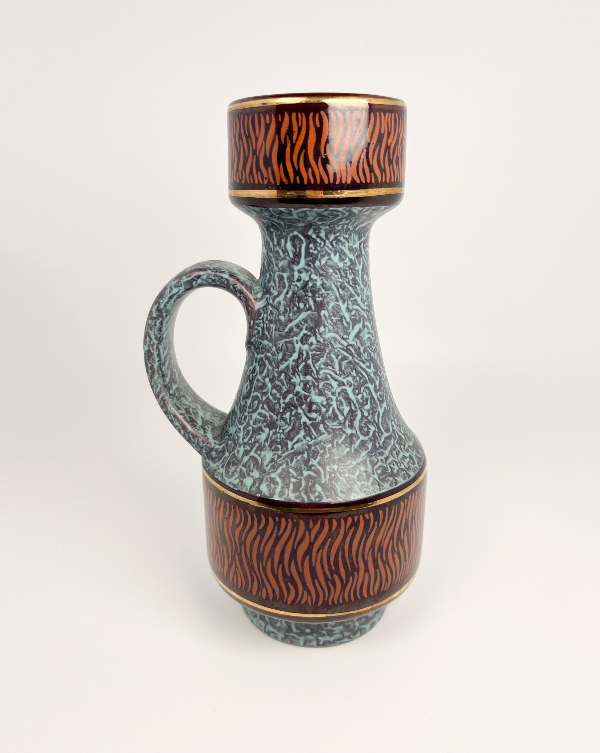 Vintage Jasba Keramic Pitcher – Blue Turquoise Glaze, Gold Trim, West Germany